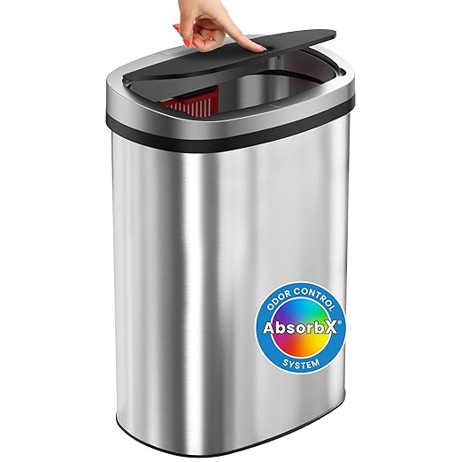 iTouchless Push-Top Lid 13 Gallon Trash Can with Odor Control System – Stainless Steel Garbage Bin, Press-Top Soft-Close Spring Lid, Fingerprint-Resistant for Home Office, Kitchen, Restroom, Business