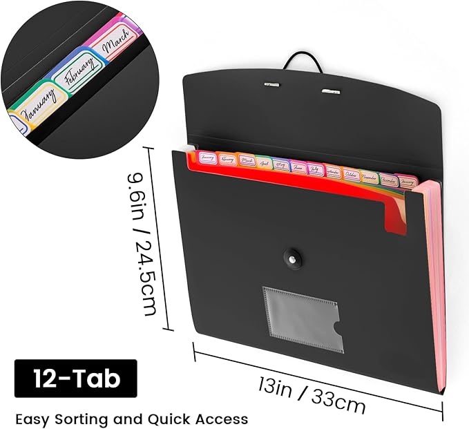 13 Pocket Accordion File Organizer with Elastic Closure, Expanding File Folder for Letter Size A4 Papers, Ideal for Home, Office Supplies, College Essentials - Black