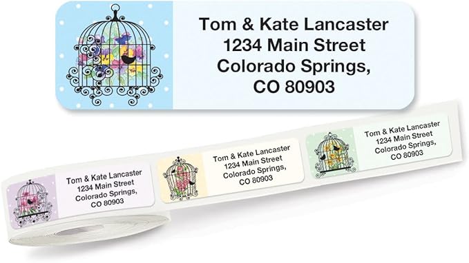 Birdcages Rolled Personalized Return Address Mailing Labels with Dispenser, Set of 500, 5 Designs, Small ¾ x 2½ Inch Size, Custom Self-Adhesive Sticker Roll, by Colorful Images