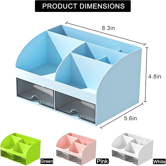 Desk Organizer with 6 Compartments and 2 Drawers, Plastic Makeup Organizer, Pen Holder for Desktop Storage, Desk Organization for School, Home, Office Supplies (Blue)