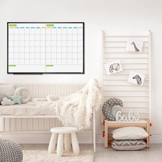 JILoffice Magnetic Dry Erase Calendar Whiteboard, 2 Month White Board Planner 36 X 24 Inch, Black Aluminum Frame Wall Mounted Board for Office Home and School