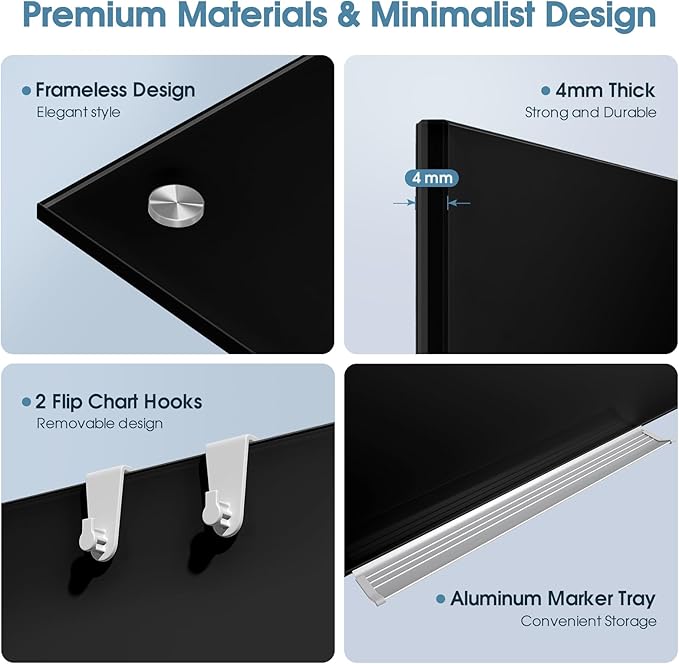 MaxGear Glass Whiteboard, Tempered Magnetic Dry Erase Board 96 x 48 Inch Black, Frameless Wall Mounted, Office Classroom Conference Room Home Use, Includes Markers, Eraser, Magnets & Mounting Kit