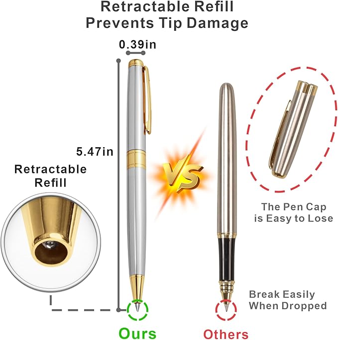 Cambond Ballpoint Pens Black Ink Pens - Gold Bulk Pen Gift for Men Women Police Retractable Smooth Writing Pen Pack Black Ink 1.0 mm Medium Point,3 Pens with 3 Refills (Gold)