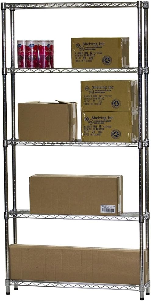 Shelving Inc. 8" d x 36" w x 64" h Chrome Wire Shelving with 5 Tier Shelves, Weight Capacity 800lbs Per Shelf