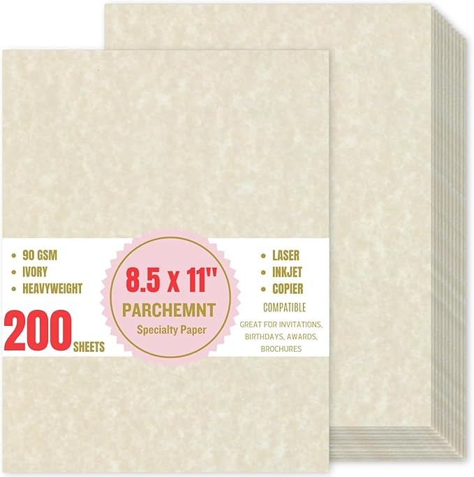 200 Sheets Parchment Resume Paper - 8.5 x11" Double-Sided Certificate Paper - 100 GSM Textured Stationary for Menus,Invitations,Resumes,Diplomas - Printing & Writing Friendly (Ivory)