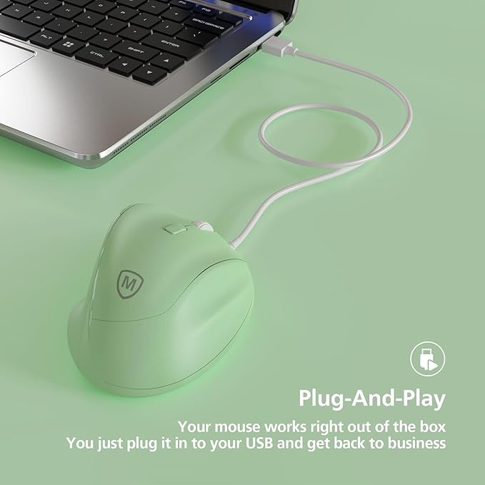Micropack Ergonomic Mouse Wired for Laptop, PC Computer and Desktop, Ergo Mouse Vertical with Silent Clicks, Up to 3200 DPI Adjustable Mouse Sensitivity, Green