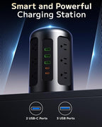 Yegosh Power Strip Tower Surge Protector with 12 AC Outlets & 5 USB Ports (2 USB C), 5 Feet Extension Cord with Multiple Outlets, Keyhole Slots, Charging Station Desk Supplies for Home Office Dorm