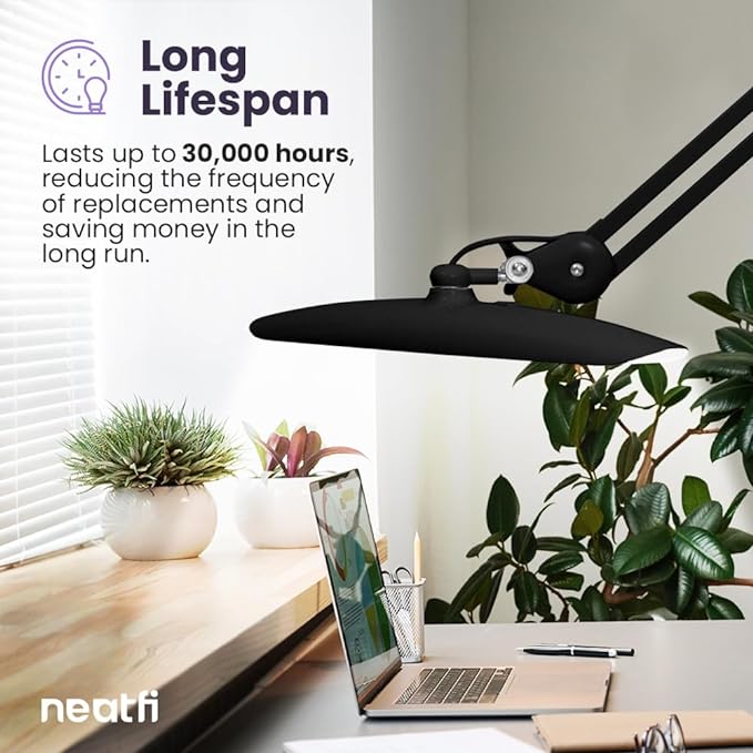 Neatfi XL 2,200 Lumens LED Task Lamp, 24W, 117 Pcs SMD LED, 4 Level Brightness, Dimmable, Desk Light for Home, Office, Workbench (Non-CCT with Base, Black)
