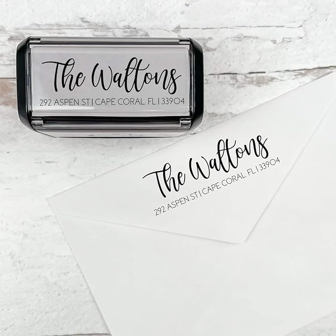 Self Inking Modern Address Stamps | Custom Return Address Stamper (Playful Script, Xtra Wide)