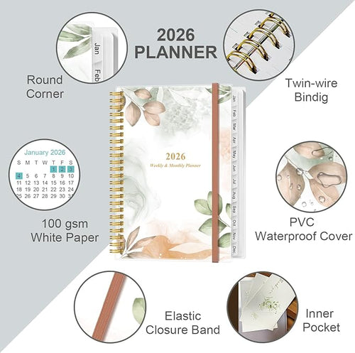 2026 Planner - A5 Weekly & Monthly Planner Spiral Bound, January 2026 - December 2026, with Flexible Cover, Tabs, Inner Pocket, 6.4" x 8.5", Rose Leaf