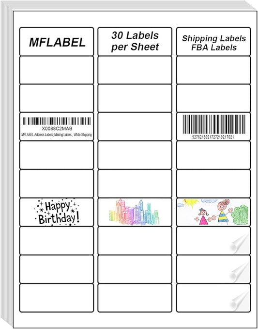 MFLABEL Address Label, 1" x2-5/8 Mailing Sticker, 30-UP White Shipping Labels for Inkjet or Laser Printer, 300000 Sticker Labels (10000 Sheets), 30 Label per Sheet
