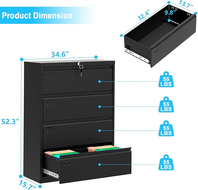 52inch High 4 Drawer Metal Lateral Filing Cabinet - File Cabinets, Lockable Storage, Organizes Hanging Files (Letter/Legal/F4/A4 Size), Requires Assembly