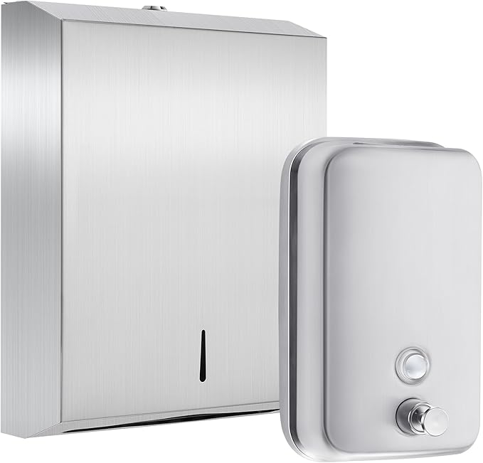 2 Pcs Commercial Soap Dispenser and Paper Towel Dispenser Set with Lock-Stainless Steel,Wall Mount,Large Capacity Manual Liquid Pump Rust Proof Leak Free for Commercial Home Bathroom