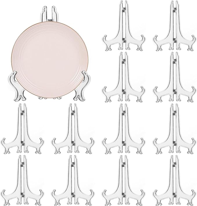 LonlyEagle 12 Pack 7 Inch Clear Plastic Easels or Stand/Plate Holders to Display Pictures or Other Items at Weddings, Plate Stands for Home Decoration, Birthdays, Tables