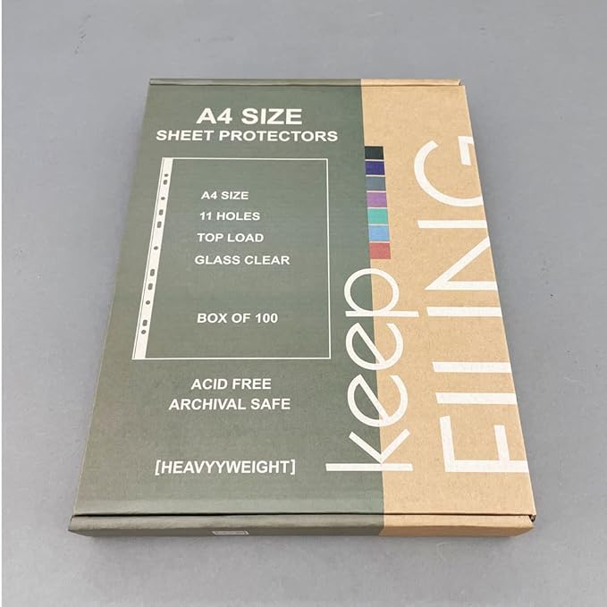 A4 Sheet Protectors, Top Load, Heavyweight, Pre-Punched 11 Holes, Glass Clear, Acid Free, 100 per Box