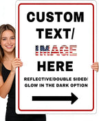 Custom Directional Arrow Sign Large, 36''x30'' Glow in the Dark/Reflective Option, Personalized Metal Address Plaque, Customize for Business Logo, Office, Home, Yard, Outdoor