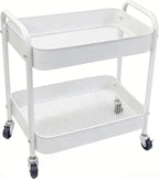 Ufriandz Under Desk Storage Cart 2 Tier Utility Rolling Cart with Wheels, Small Metal Mobile Trolley with Handle Two Tiered Utility Organizer Roller for Kitchen Office Bathroom Pantry Room, White