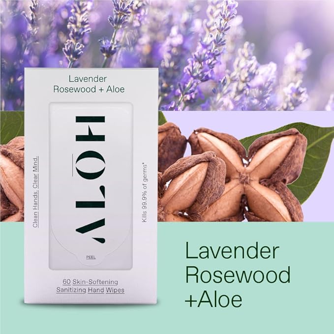 ALŌH Lavender Rosewood + Aloe Sanitizing Hand Wipes - Clean Hands, Clear Minds - On The Go Sanitizing Hand Wipes for Kids and Adults - Travel Size 3 Pack, 20ct Wipes (60 wipes)