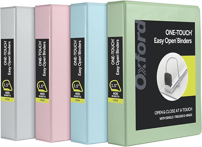Oxford 3 Ring Binders, Binders for School, 1.5 Inch ONE-Touch Easy Open D Rings, 3-Sided View Binder Covers, Xtralife Hinge, Non-Stick, PVC-Free, Natural Pastels, 375-Sheet Capacity, 4 Pack (79918)