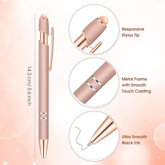 Tenare 12 Pieces 2 in 1 Stylus Metal Ballpoint Pen with Stylus Tip, 1.0 mm Black Ink Ballpoint Pen for Touch Screens(Rose Gold)
