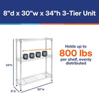 Shelving Inc. 8"d x 30"w x 34"h Chrome Wire Shelving with 3 Tier Shelves, Weight Capacity 800lbs, Evenly Distributed