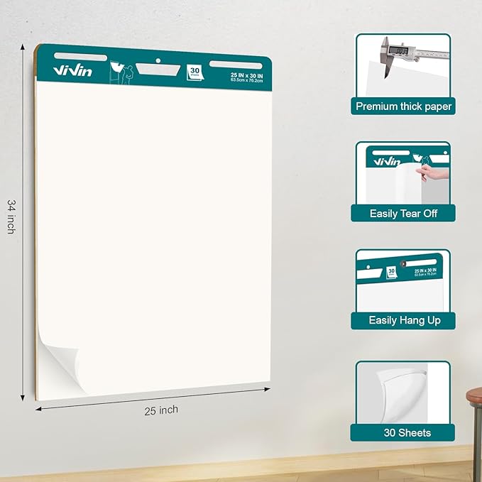 ViVin Super Sticky Easel Pad, 25 x 30 Inches Flip Chart Paper for Teachers, Large Self Stick Easel Paper, Teacher Anchor Chart, 30 Sheets/Pad, 2 Pads/Pack