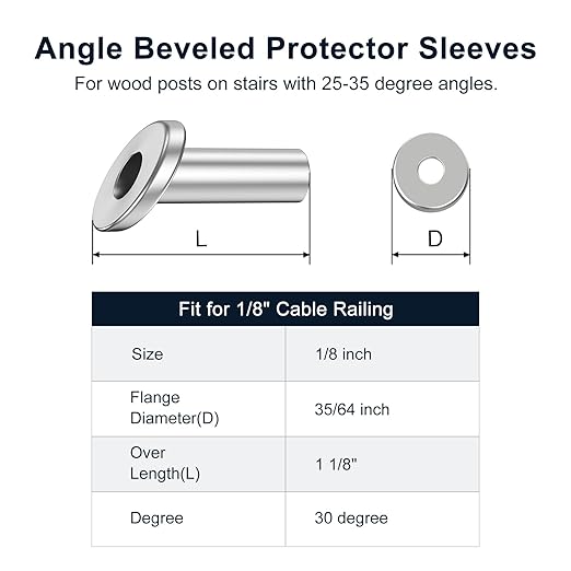 BLIKA 80 Pack 25 30 35 Degree 1/8" Angle Beveled Protector Sleeves for Stair Cable Railing, T316 Stainless Steel, Cable Railing Hardware Kit 30 Degree Angle Protector Sleeves for Wood Post