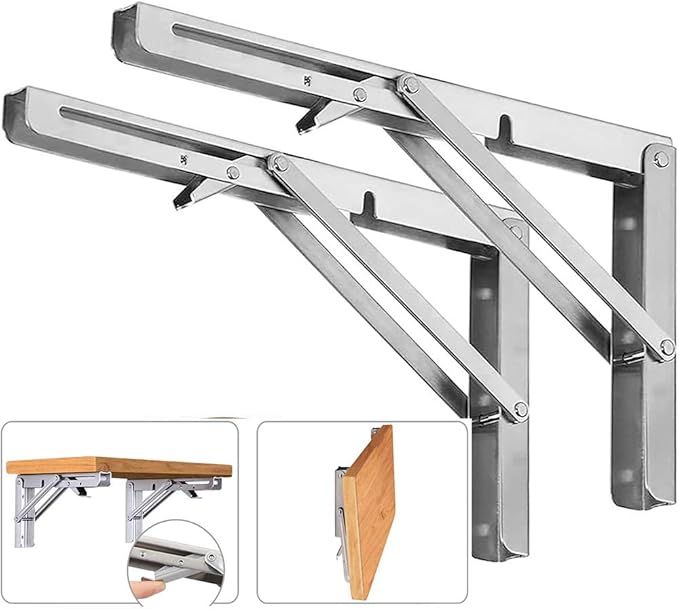 Folding Shelf Brackets, Max Load 300 lb, Heavy Duty Stainless Steel Collapsible Wall Mounted Shelf Brackets for Table, Space Saving DIY Bracket, Pack of 2 (2, Foldable 16")