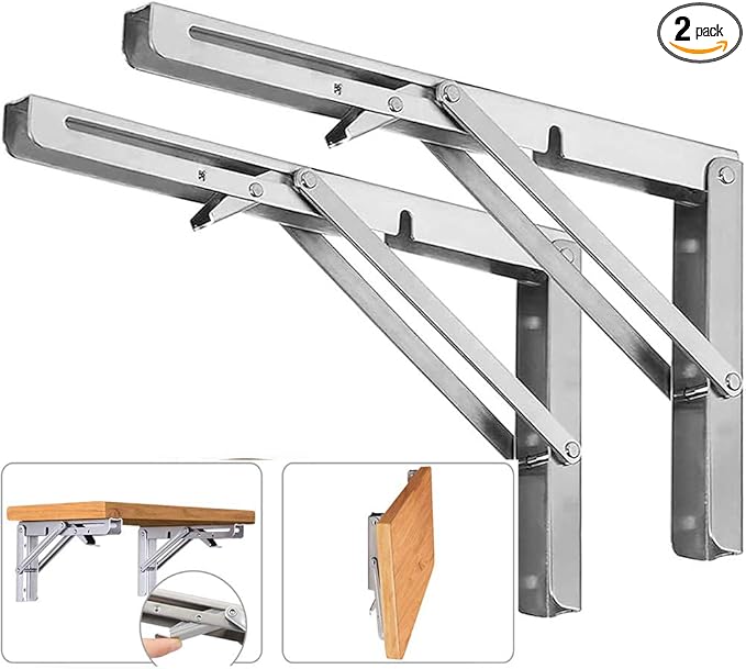 Folding Shelf Brackets, Max Load 300 lb, Heavy Duty Stainless Steel Collapsible Wall Mounted Shelf Brackets for Table, Space Saving DIY Bracket, Pack of 2 (2, Foldable 16")