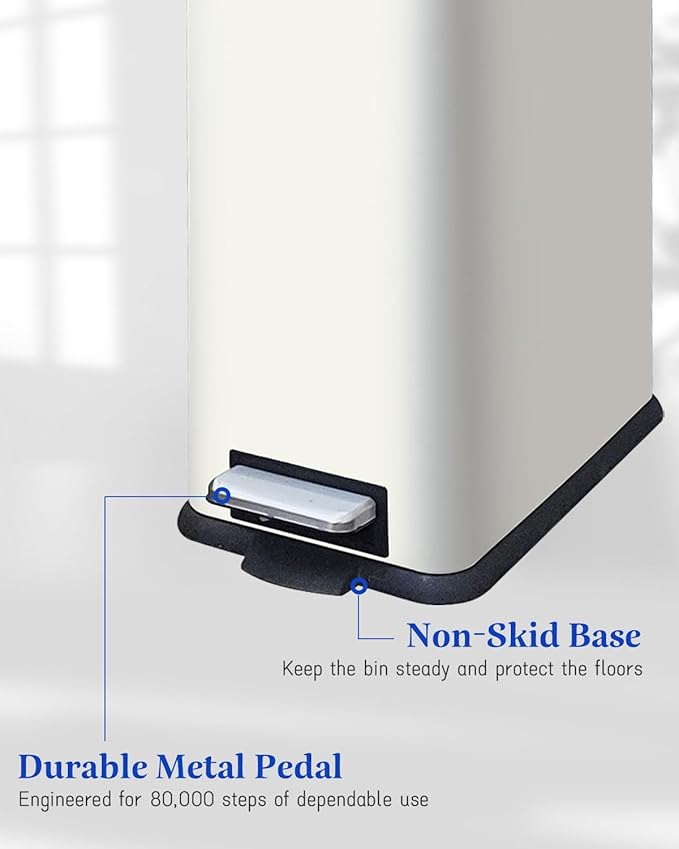 Kitchen Rubbish Bin, 30 L, Narrow Pedal Bin with Lid, Stainless Steel Kitchen Rubbish Bin with Inner Bucket, Rectangular Waste Bin for Kitchen, Bathroom, Bedroom, Office, White