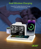 Acer 7-in-1 Wireless Charging Station with LED Clock - 30W Fast Wireless Charger for iPhone 16/15/14/13/12/Pro Max, Apple Watch, AirPods - Bluetooth Auto Time Sync & Night Lights (White)