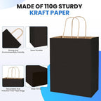 XPCARE 200Pack Paper Bags 8x4.5x10 Inch, Plain Medium Paper Bags with Handles Bulk, Kraft Paper Gift Bag, Retail, Party, Shopping, Favor Bag(Black)