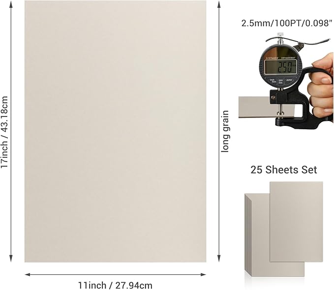 25 Pcs Book Board, Binder Board, Cover Board, Heavy Duty Chipboard for Book Binding, DIY Cardboard (Gray, 11 x 17 Inch 100PT)