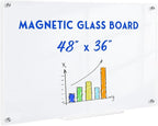 Magnetic Glass Whiteboard, 4' x 3' Glass Dry Erase Board for Wall, 48" x 36" Large Frameless White Board with 1 Marker Tray and 3 Magnets for Office, Home, Classroom - Ultra White