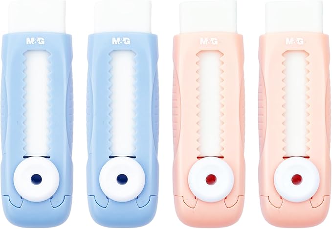 M&G 4 Pack Pencil Erasers Sliding Retractable Eraser, Soft Cute Erasers Push Pull Large Rubber Erasers for School Students Kids Office Home Supplies (Blue+Pink)