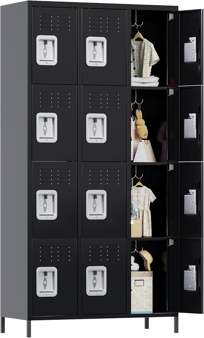 12 Doors Metal Lockers for Employees with Lock, Metal Locker with 12 Hooks for School Garage Office Gym Home,Assembly Required,Black