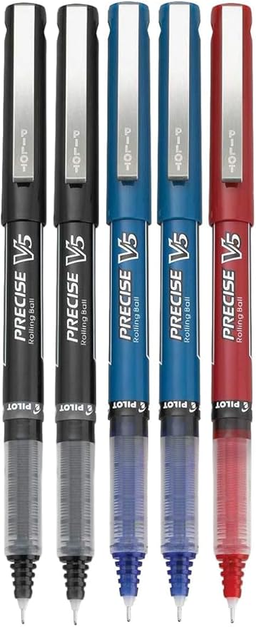 Precise V5 Stick Rolling Ball Pens, Extra Fine Point (.5mm), Assorted Colors Black/Blue/Red Ink, 5-pk; Bundle with Plastic Reusable Pouch