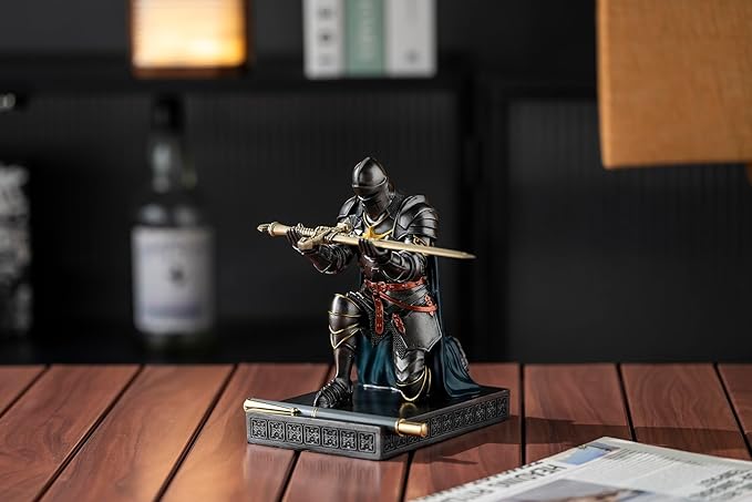 Amoysanli Medieval Armored Warrior Wearing Outerwear, Mobile Phone Stand Knight Pen Holder Desk Organizers, Resin Bookends Paperweight with a Letter Opener for Desk (Iron&Green)