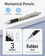 Nicpro 35PCS Gold Art Mechanical Pencils Set, 3 PCS Metal Drafting Pencil 0.5 mm & 0.7 mm & 0.9 mm & 3 PCS 2mm Lead Holder (6B 4B 2B HB 2H 4H Colors) For Sketching Drawing