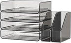 FANXIYQ Acrylic Paper Organizer with Movable Bookends, 4-Tier Stackable Paper Tray for Desk, Brown Clear File & Letter Tray Organizer Office