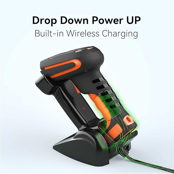 Alacrity Upgraded 2D Industrial Barcode Scanner with Wireless Charging Stand, 1968 Feet Transmission Distance 433Mhz Wireless & Bluetooth 2in1 Barcode Reader, Shock Dust Proof Hands Free, Orange