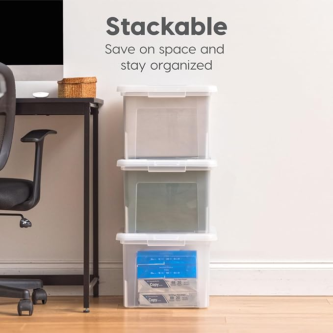 IRIS USA File Box, Plastic File Organizer with Lids for Letter/Legal File, Portable Document Box For Moving, Storage Bin with Durable and Secure Lid, Stackable Nestable BPA-Free, Black 35 Qt. 4 Pack