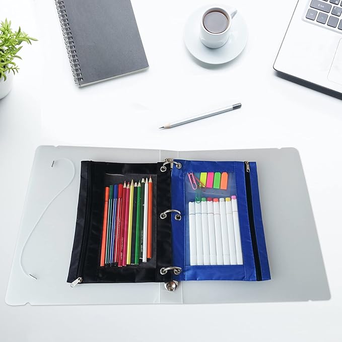 YoeeJob Binder Pouches for 3 Ring Binder, Pencil Pouch Pen Holder Case with Clear Window, Zipper Stationery Bag for School Class Office,24 Pack, Blue