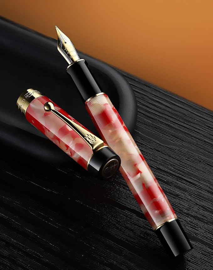 Jinhao 100 Fountain Pen Celluloid Classic Style, #6 Nib Smooth Writing Instrument with Refillable Converter and Pen Case Set