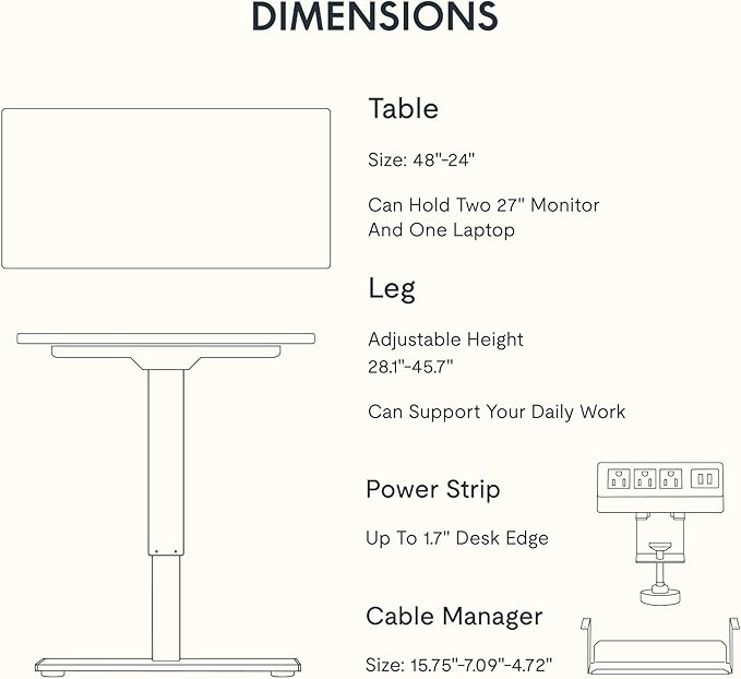 FLEXISPOT EN2Whole-Piece Standing Desk with Clamp Power Strip, 48 x 24'' Electric Stand Up Height Adjustable Desk with Cable Management (Black Frame + 48" Marble Gray, 2 Packages)