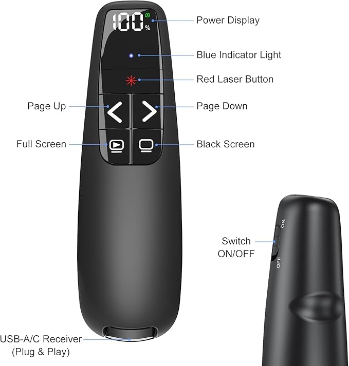 (2 Units) Rechargeable Presentation Clicker with Case, Power Digital Display Wireless Presenter Remote, Red Light Pointer Computer PowerPoint Clickers for Mac Laptop, Slideshow Google Slide Advancer