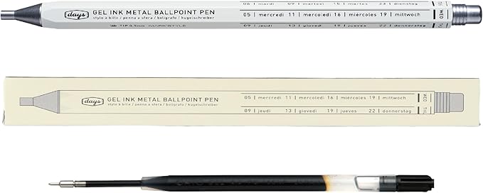 MARK'STYLE days, Gel Ink Metal Ballpoint Pen - 0.5mm Retractable Black Ink, Retro styling Light Weigh Pen, Made in Japan- Perfect for School, Office, and Journaling (White)