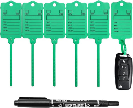 200 Car Key Tags with Labels Plastic Car Dealership Key Tags Self Locking Automotive Identifiers Blank Shop Labels with One Pen (Green)