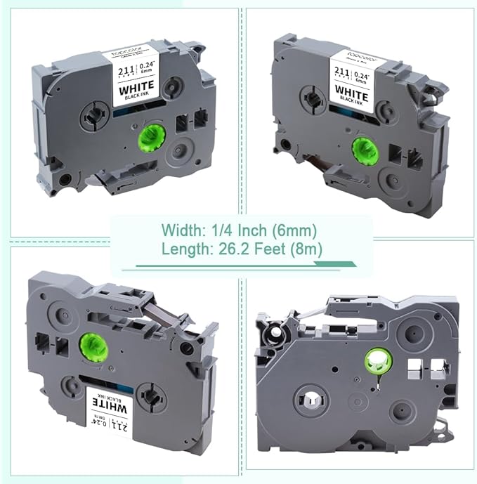 6-Pack 6mm 0.23" Laminated Tape Compatible for Brother P Touch Label Tape 6mm Tze211 Tze111 Tze411 Tze511 Tze611 Tze711 1/4" Tze Tz 0.23" Label for PTD220 PTH100 PTH110 PTD202 PTD210
