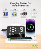 Acer 7-in-1 Wireless Charging Station with LED Clock - 30W Fast Wireless Charger for iPhone 16/15/14/13/12/Pro Max, Apple Watch, AirPods - Bluetooth Auto Time Sync & Night Lights (White)